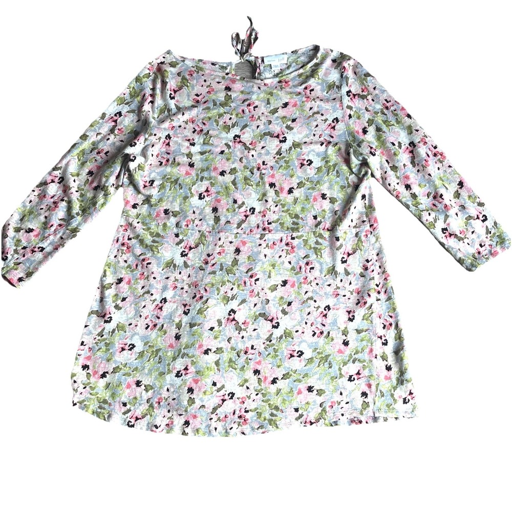 J Jill Love Linen Floral 3/4 Sleeve Keyhole Tie Back Tunic Top Natural Waist